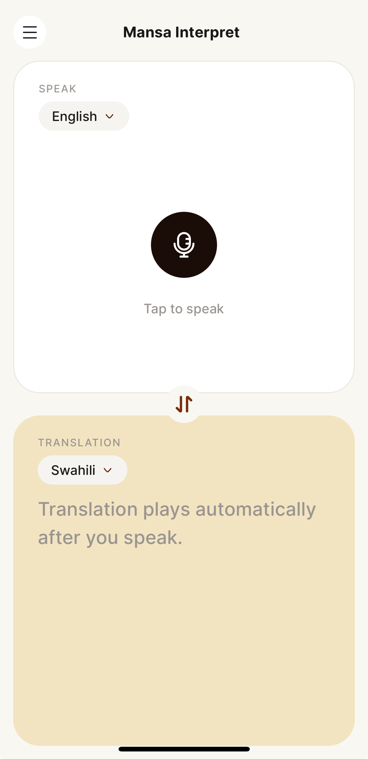 Mansa Interpret app translating spoken English into Swahili